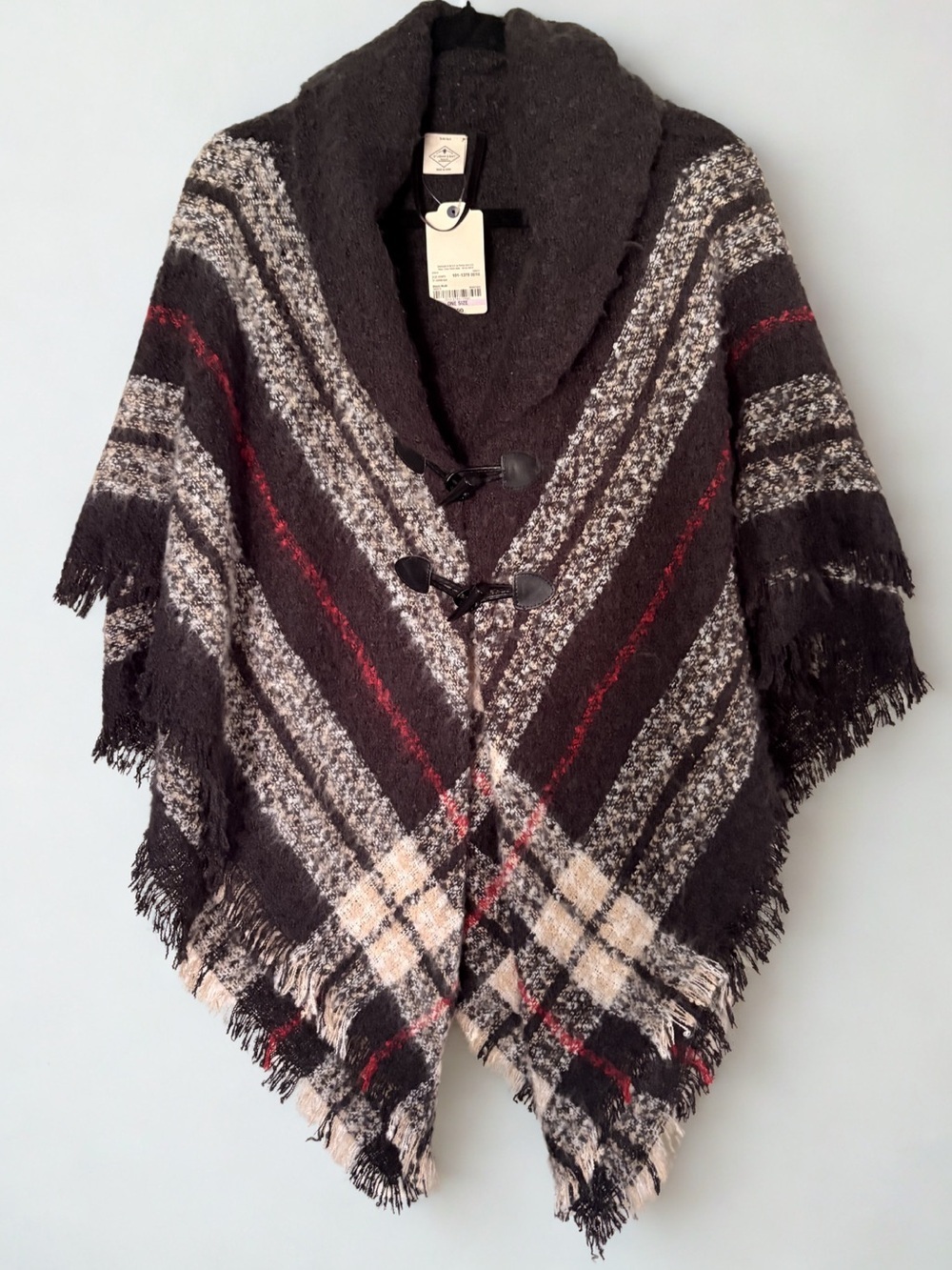 St. John's Bay Black Fringed Shawl Poncho Cape Tartan Plaid Cozy & Chic! NWT OS
